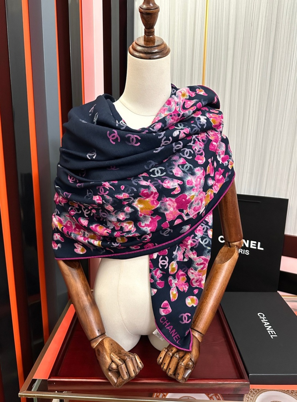 Chanel Watercolor Flower Print Large Square Scarf Navy Multi‑Color - Picture 5 of 8